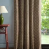 brown striped curtain with side table and lamps