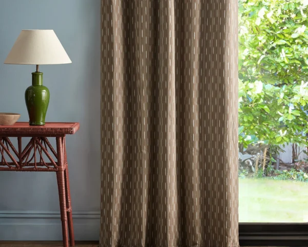 Sabu Stripe Fabric - Muntjac by brown striped curtain with side table and lamps