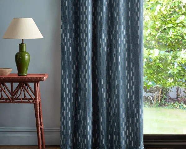 Sabu Stripe Fabric - Jodphur Blue by blue striped curtain with side table and lamps
