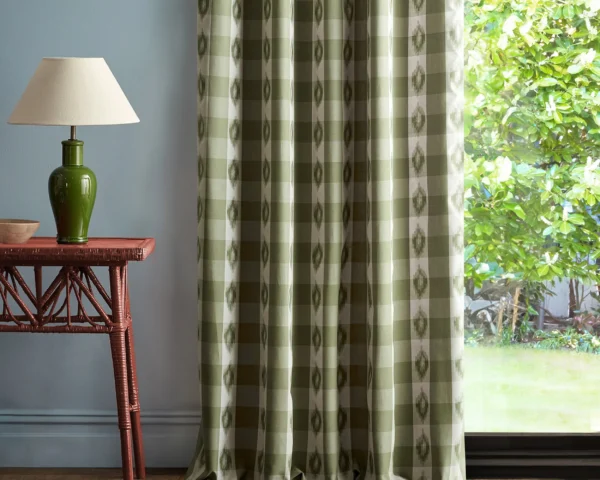 Odisha Check Fabric - Yew Green by green checked curtain with side table and lamps