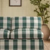 blue checked sofa with plants and wall