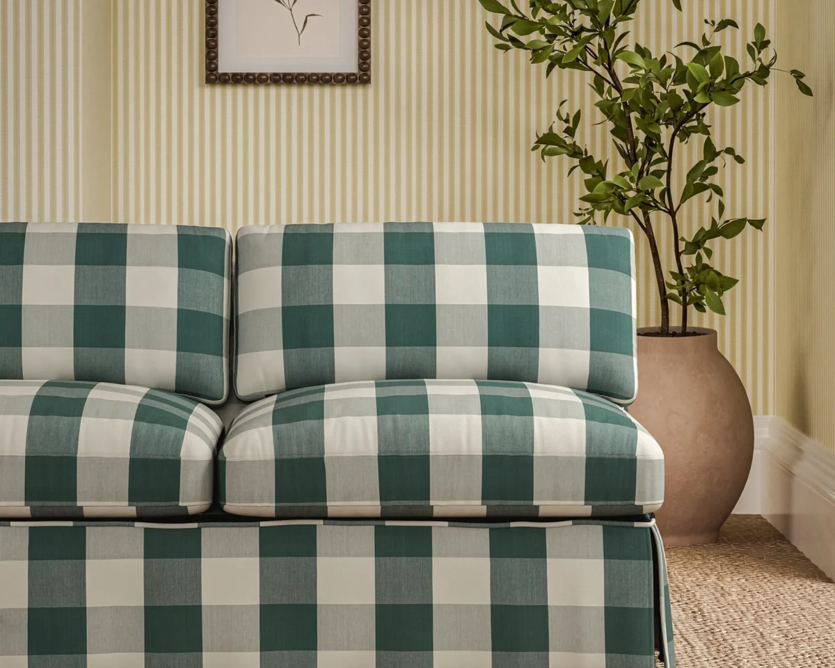 Madras Fabric - Check Teal by blue checked sofa with plants and wall