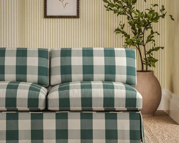 Madras Fabric - Check Teal by blue checked sofa with plants and wall