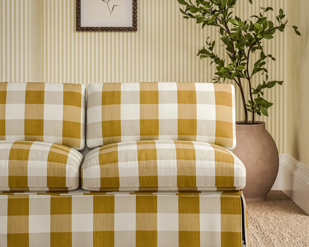 Madras Fabric - Check Golden Knot by yellow checked sofa with plants and wall