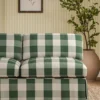 green checked sofa with plants and wall
