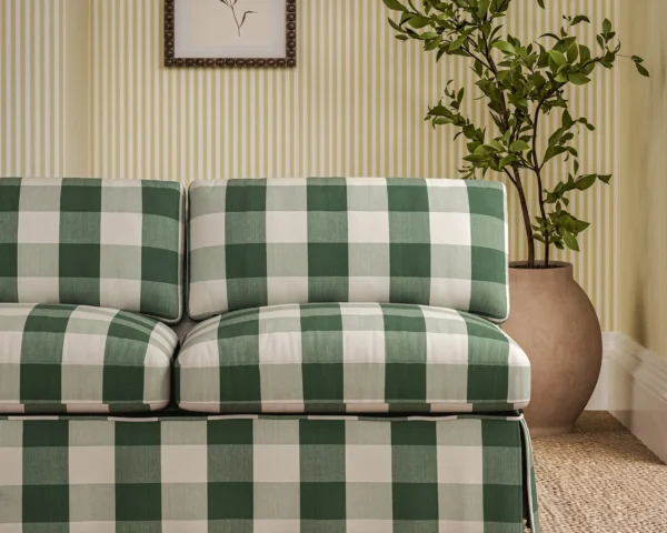 Madras Fabric - Check Avocado by green checked sofa with plants and wall