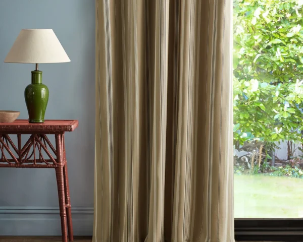 Latimer Stripe Fabric - Clay / Bark by neutral striped curtain with side table and lamps