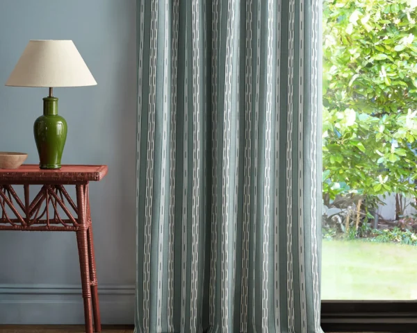 Jamandi Stripe Fabric - Porcelain / Blue by blue striped curtain with side table and lamps