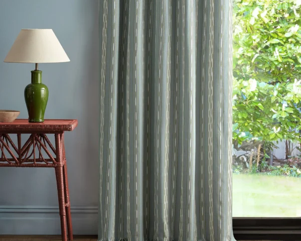 Jamandi Stripe Fabric - Mineral Blue / Green by blue striped curtain with side table and lamps