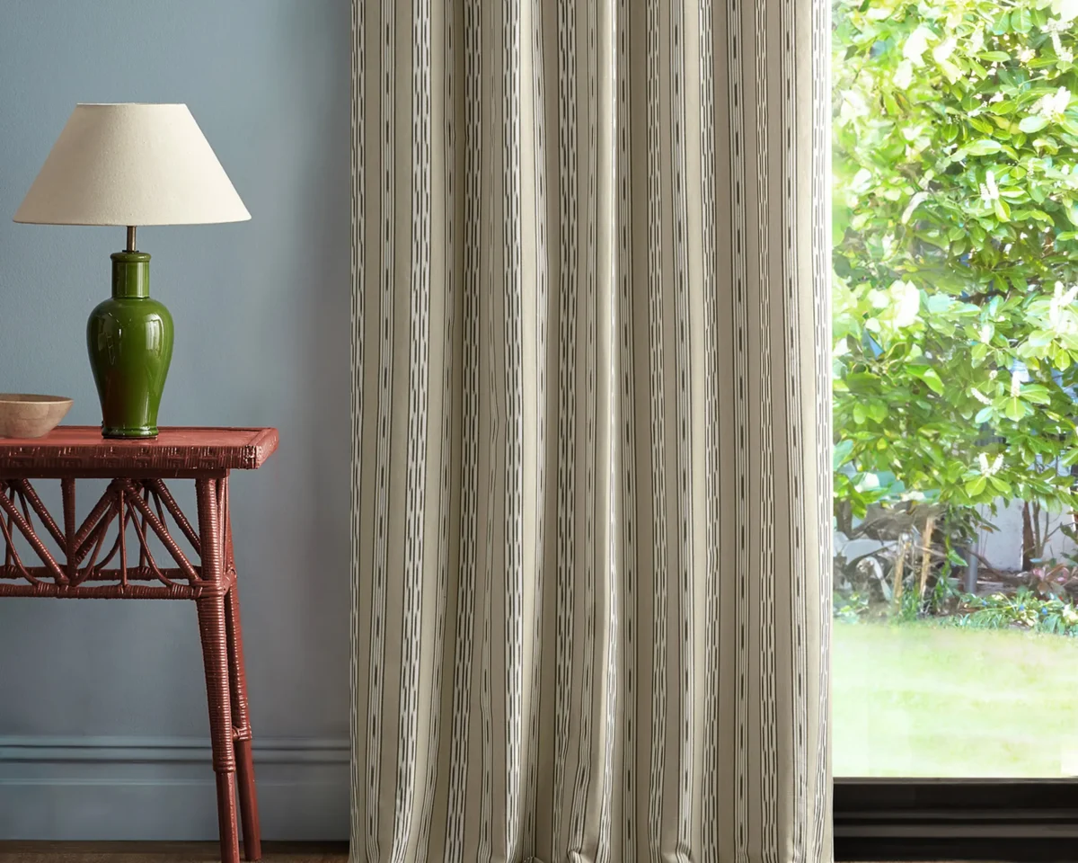 Jamandi Stripe Fabric - Gritstone / Oak by neutral striped curtain with side table and lamps