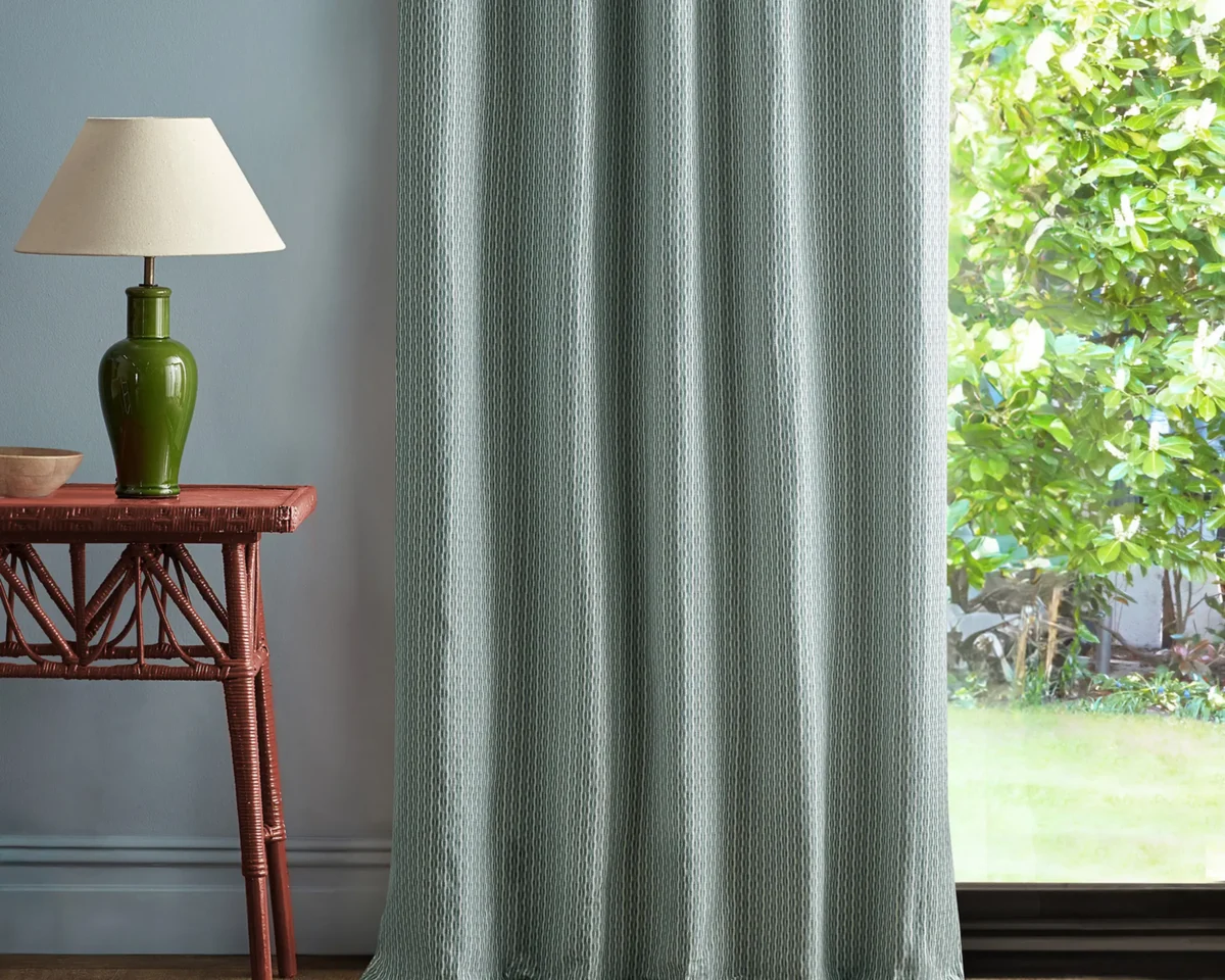 Batak Check Fabric - Udaipur Blue by blue geometric curtain with side table and lamps