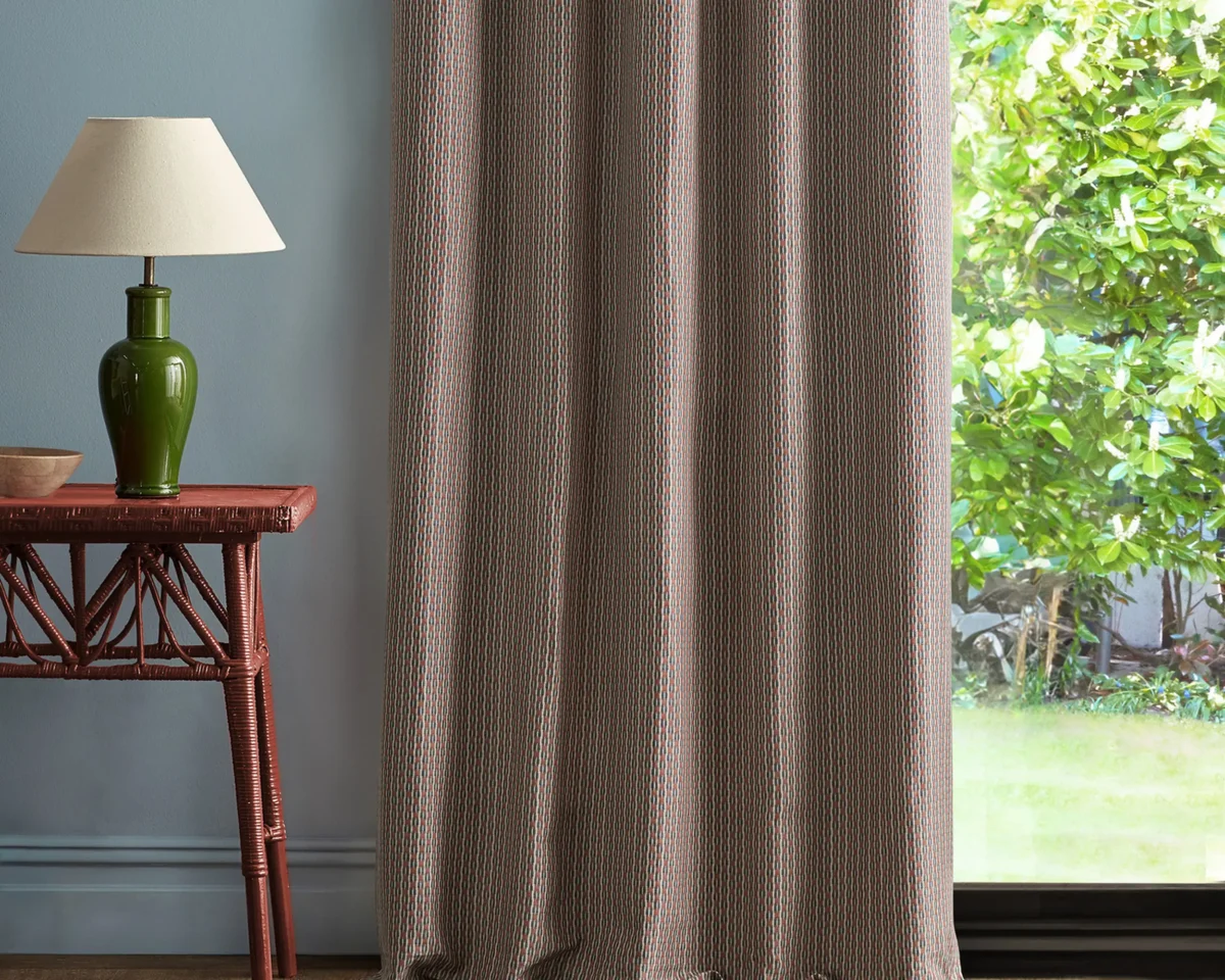 Batak Check Fabric - Indigo / Madder by red geometric curtain with side table and lamps
