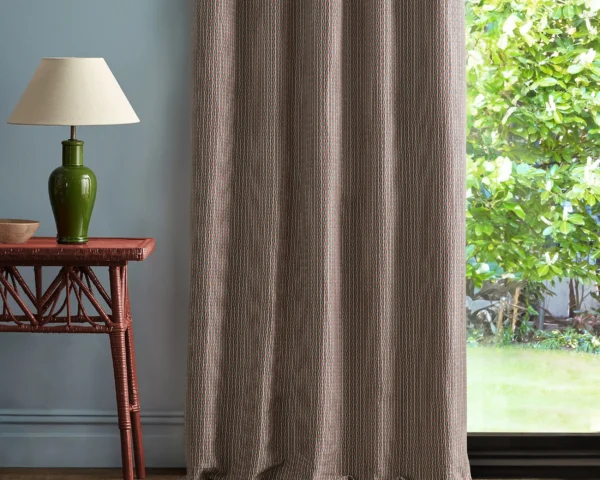 Batak Check Fabric - Indigo / Madder by red geometric curtain with side table and lamps