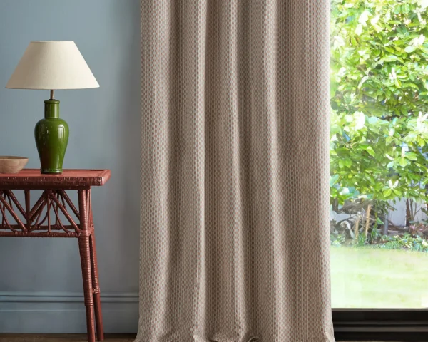 Batak Check Fabric - Coral / Mineral by pink geometric curtain with side table and lamps