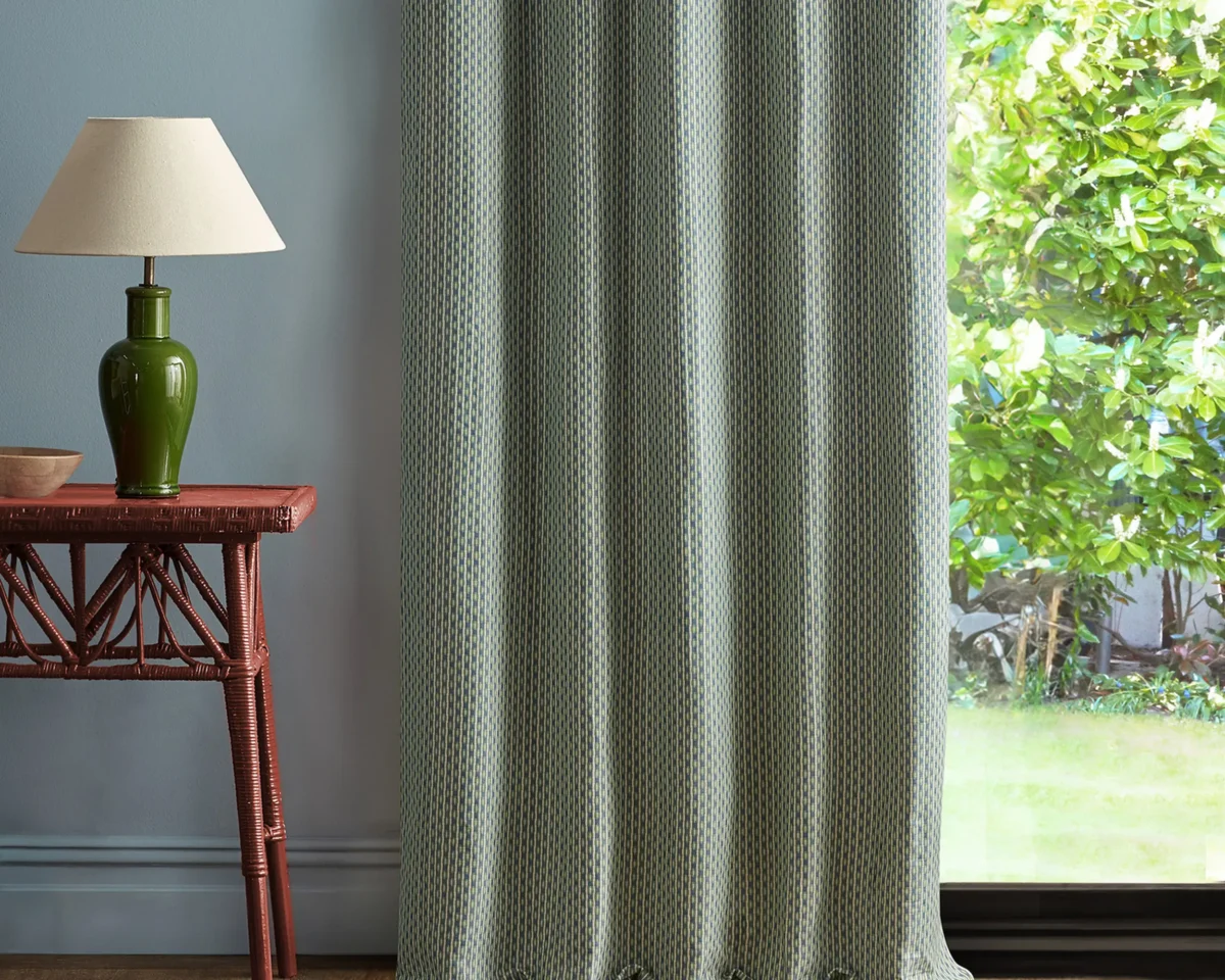 Batak Check Fabric - Avocado / Indigo by green geometric curtain with side table and lamps