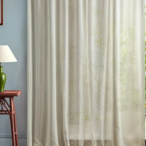 neutral striped curtain with side table and lamps