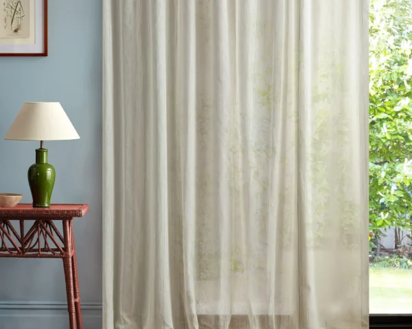 Shoreline Stripe Fabric - Seaspray White by neutral striped curtain with side table and lamps
