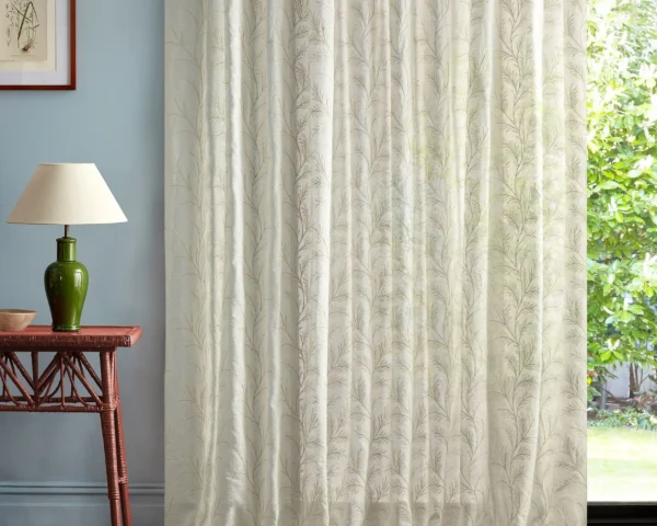Sea Fern Fabric - Seaspray White by neutral botanical curtain with side table and lamps