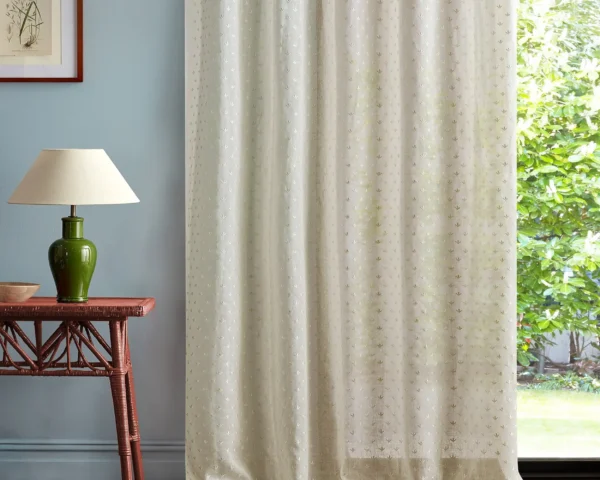 Sea Clover Fabric - Seaspray White by white misc curtain with side table and lamps