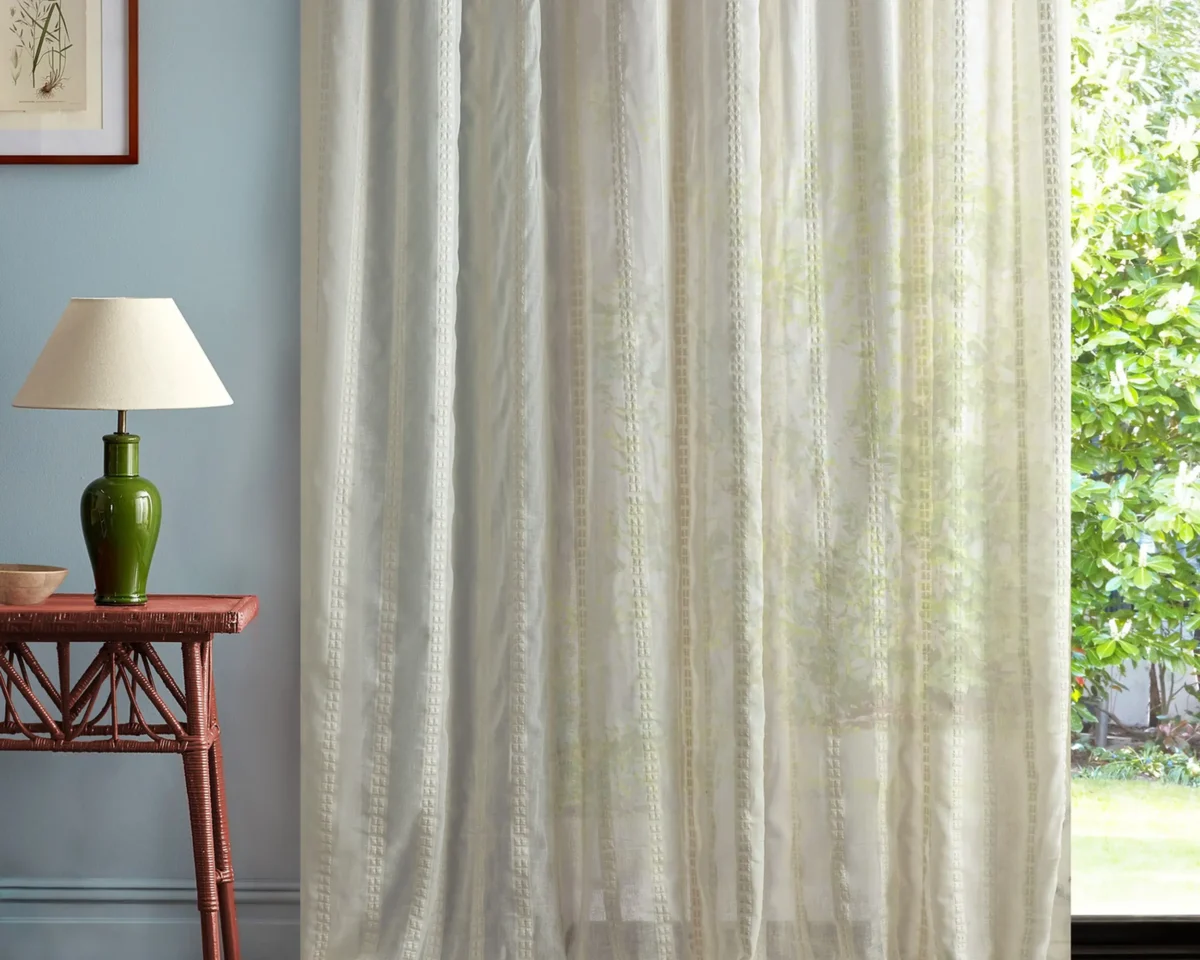 Rafferty Fabric - Seaspray White by neutral striped curtain with side table and lamps