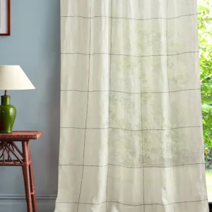 multicolour striped curtain with side table and lamps