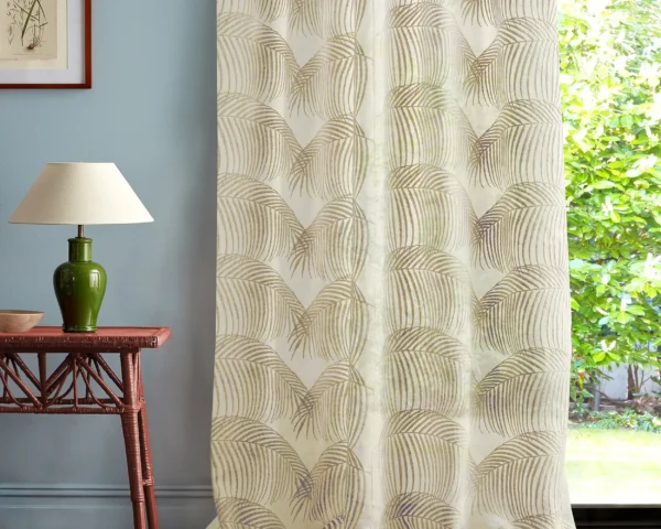 Manila Leaf Fabric - Sunsoaked by neutral botanical curtain with side table and lamps