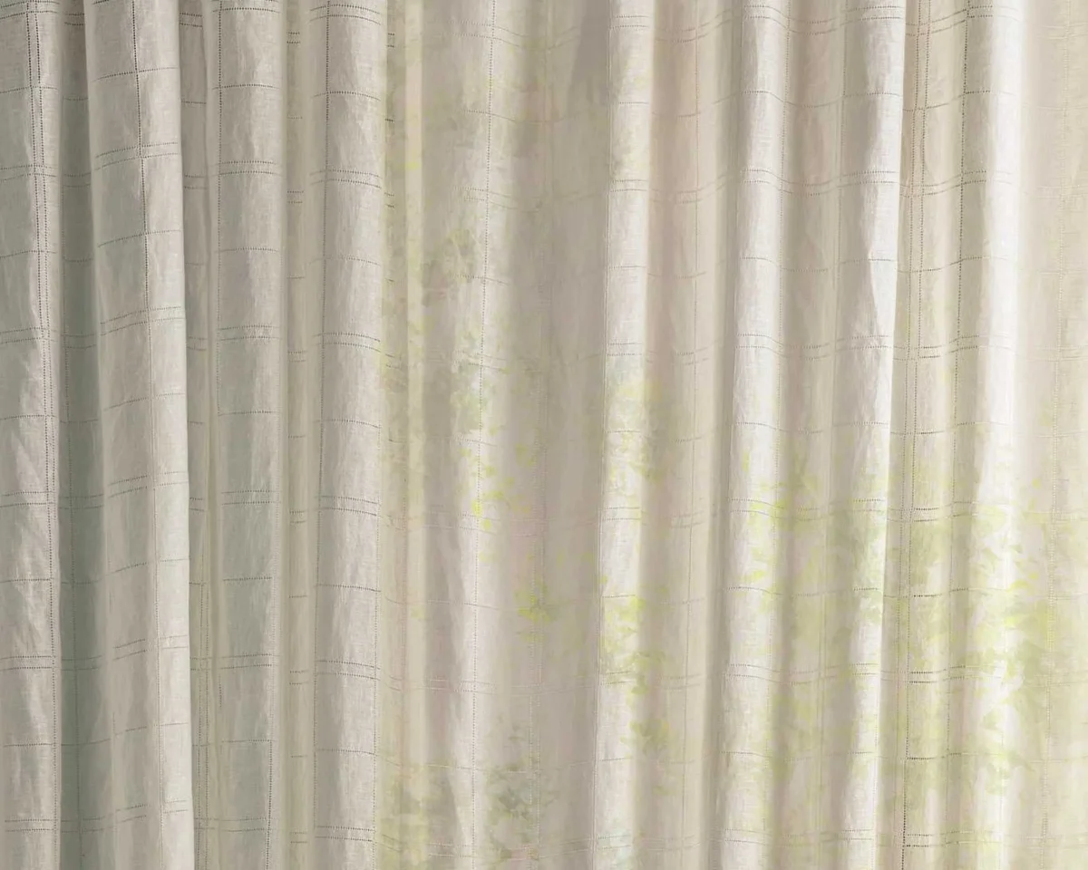 Cross Current Fabric - Seaspray White by neutral checked curtain with side table and lamps