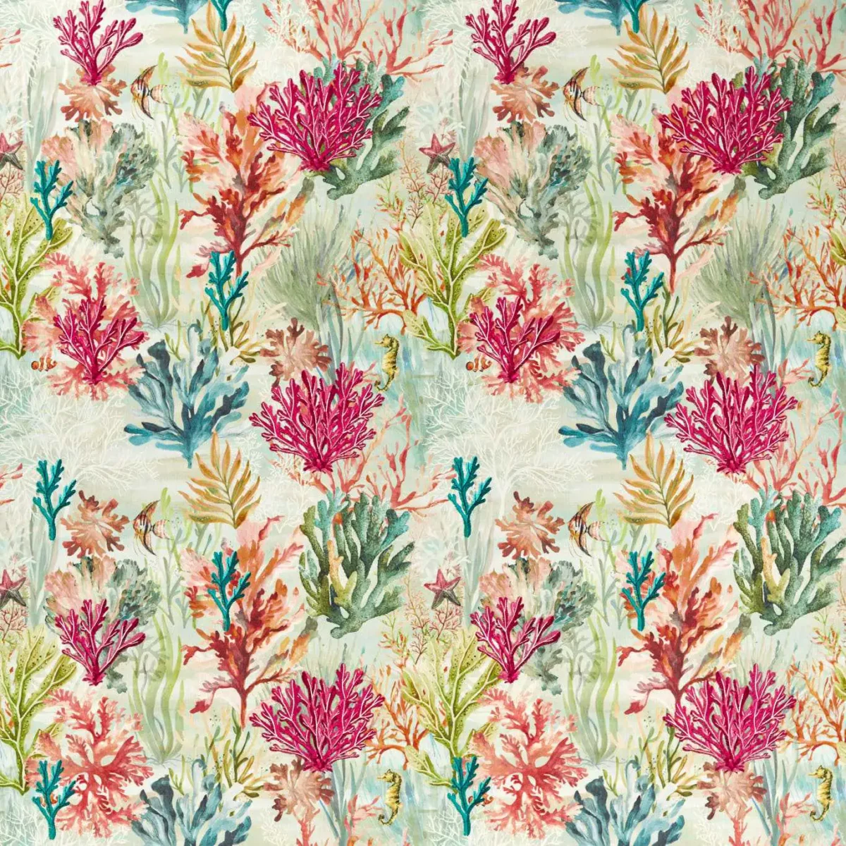 Oceana Print Fabric - Coral by multicolour animal embroideried fabric from Clarke & Clarke