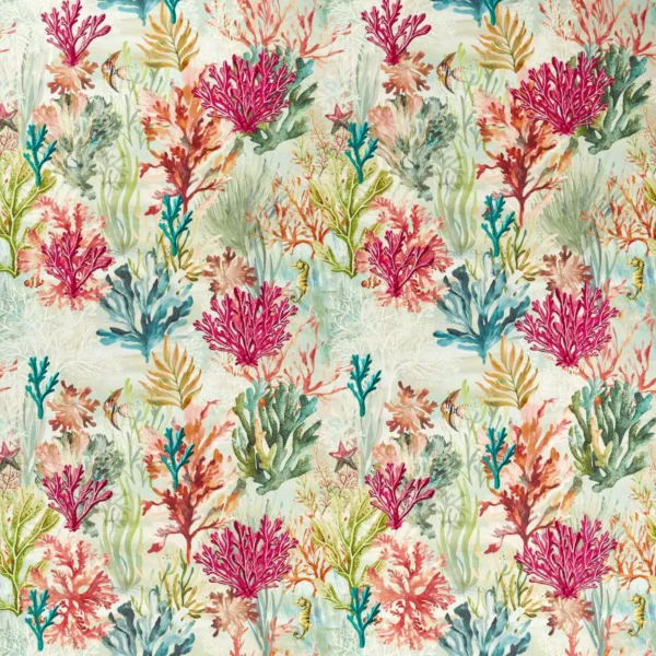 Oceana Print Fabric - Coral by multicolour animal embroideried fabric from Clarke & Clarke