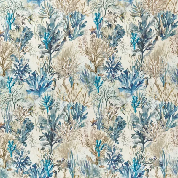 Oceana Print Fabric - Denim by blue animal embroideried fabric from Clarke & Clarke