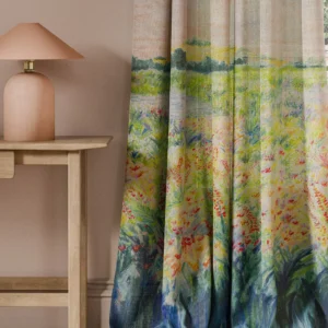 multicolour botanical curtain with side table and lamps