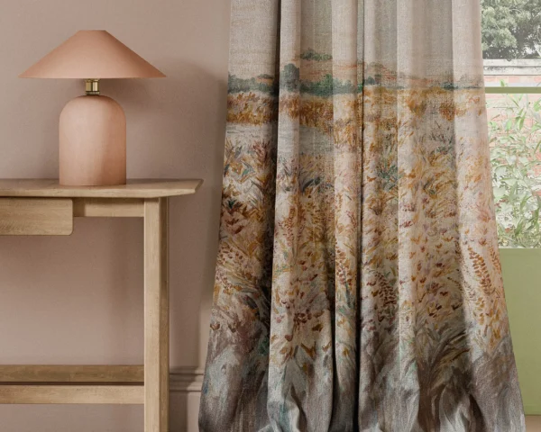 Wildbloom Print Fabric - Mineral / Blush by orange botanical curtain with side table and lamps