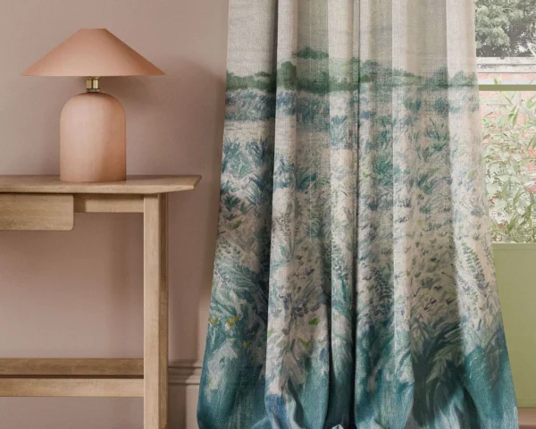 Wildbloom Print Fabric - Mineral by blue botanical curtain with side table and lamps