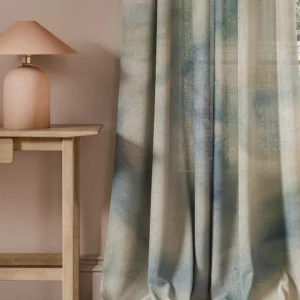 blue contemporary curtain with side table and lamps