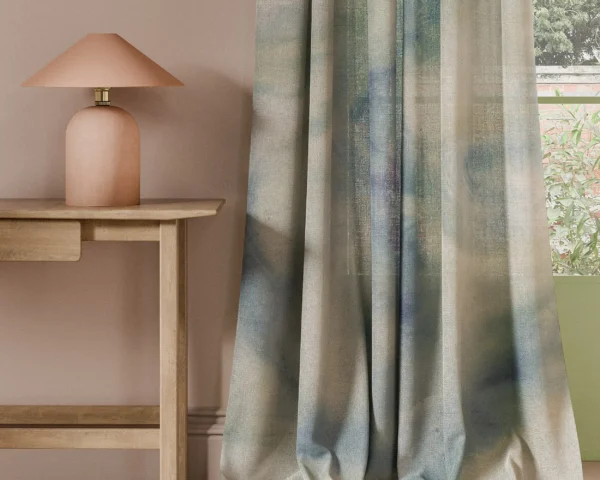 Viento Print Fabric - Denim by blue contemporary curtain with side table and lamps
