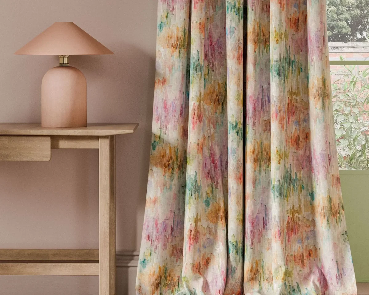 Trueno Print Fabric - Multi by multicolour contemporary curtain with side table and lamps