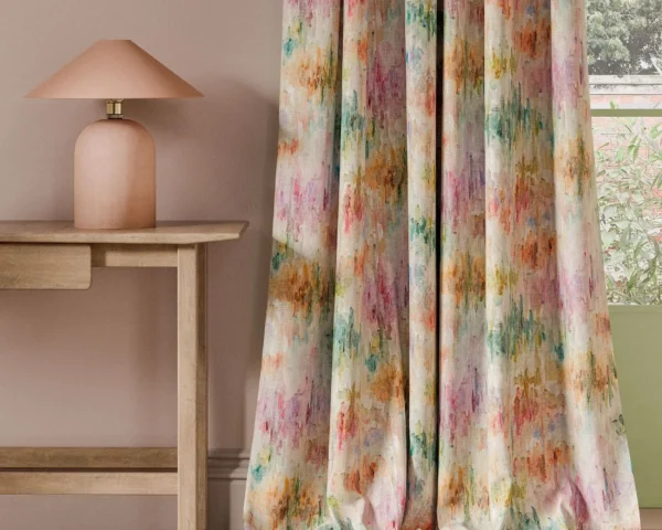 multicolour contemporary curtain with side table and lamps