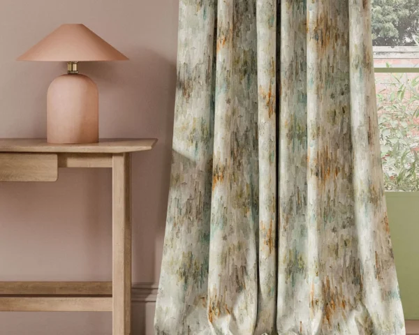 Trueno Print Fabric - Mineral by neutral contemporary curtain with side table and lamps