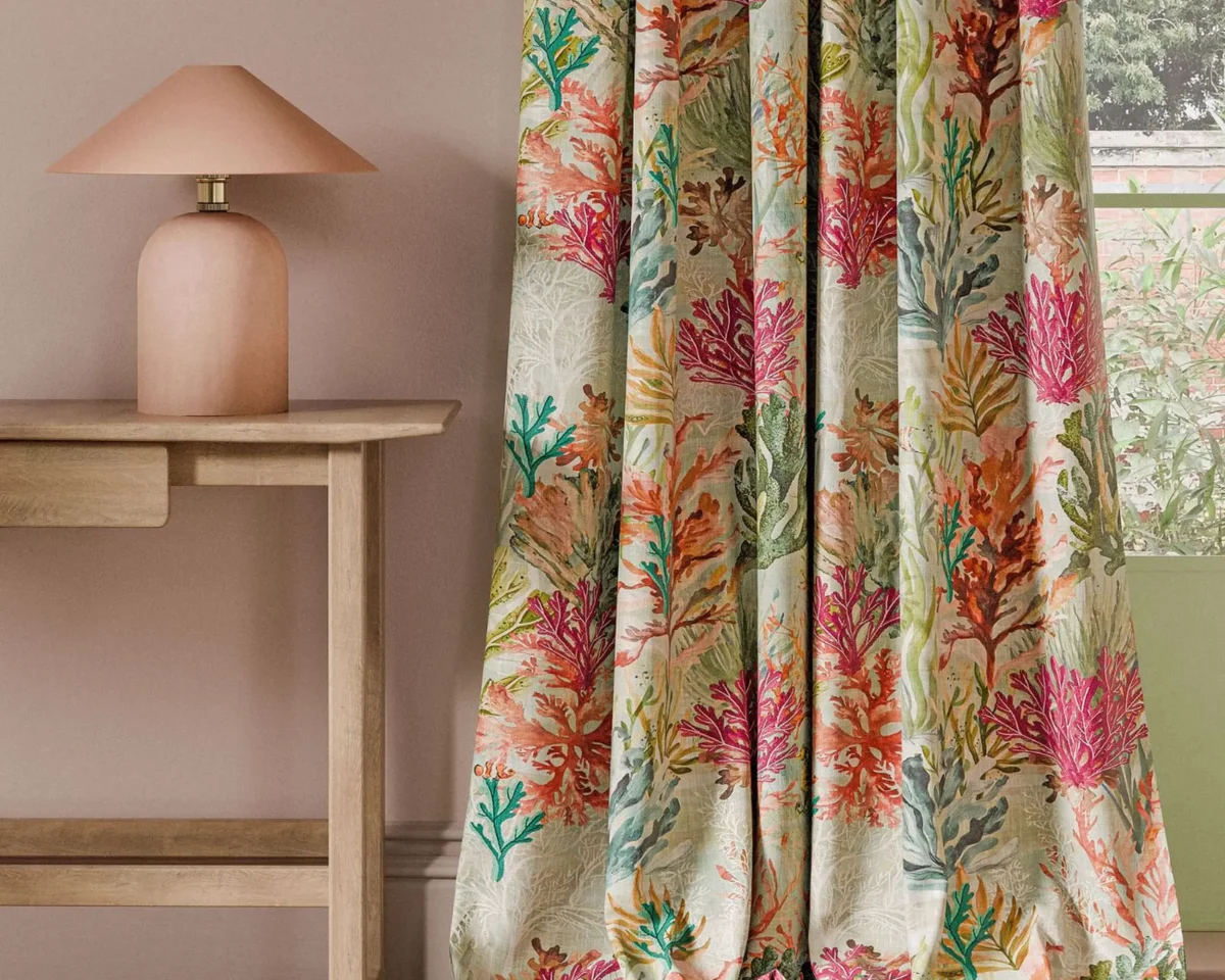 Oceana Print Fabric - Seafoam by blue animal curtain with side table and lamps