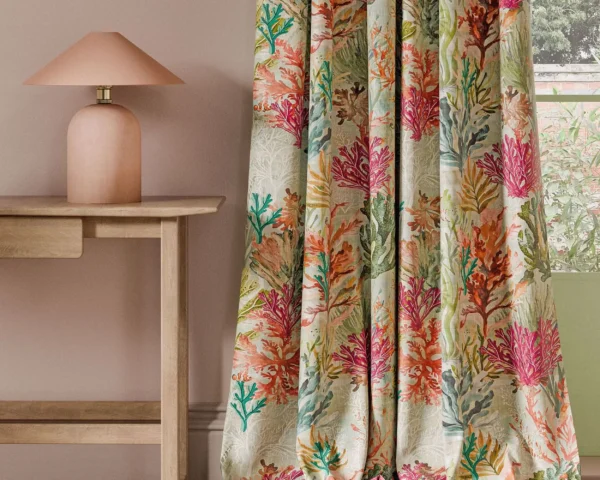 Oceana Print Fabric - Seafoam by blue animal curtain with side table and lamps