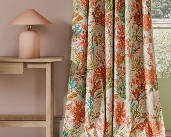 Oceana Print Fabric - Coral by multicolour animal curtain with side table and lamps