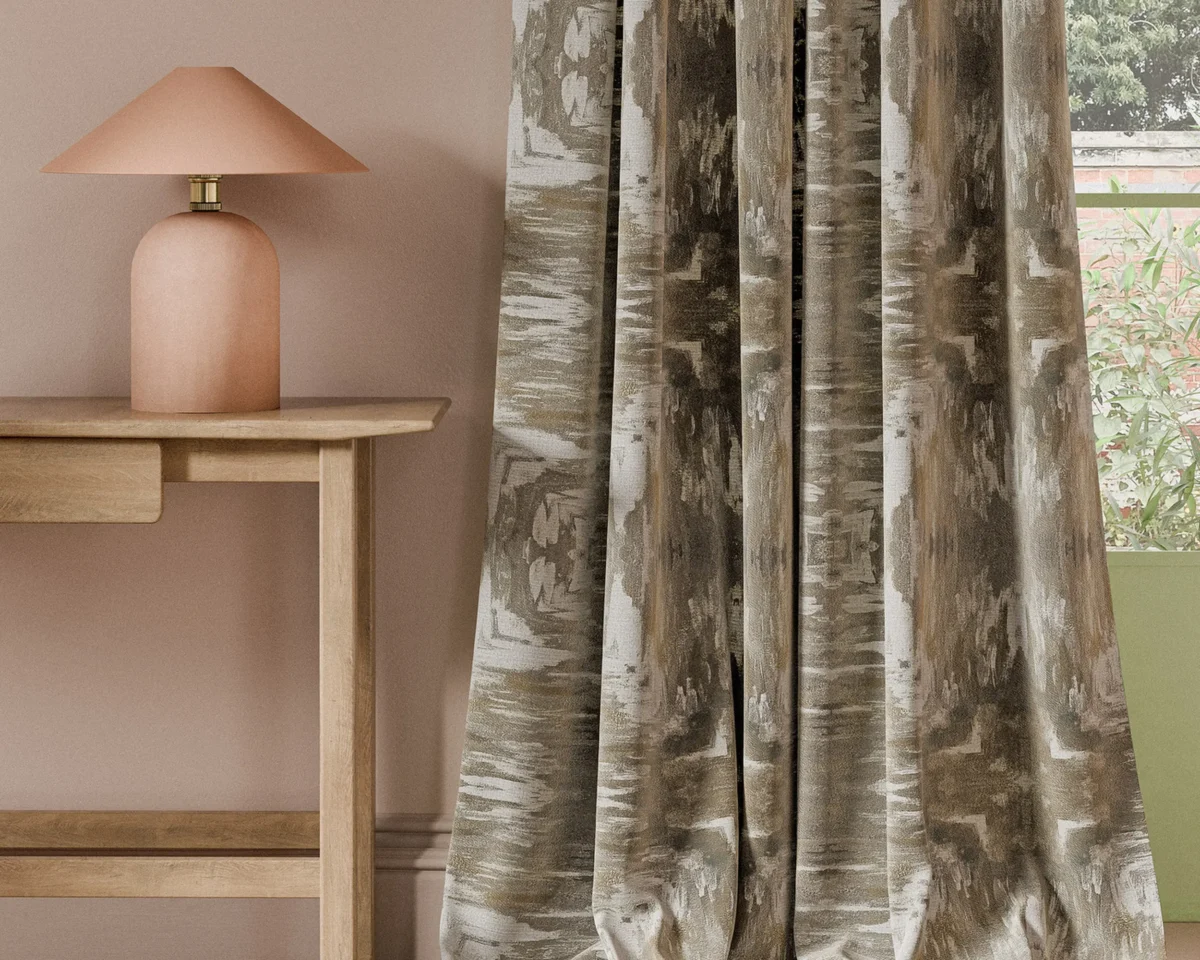 Kalia Print Fabric - Natural by neutral contemporary curtain with side table and lamps