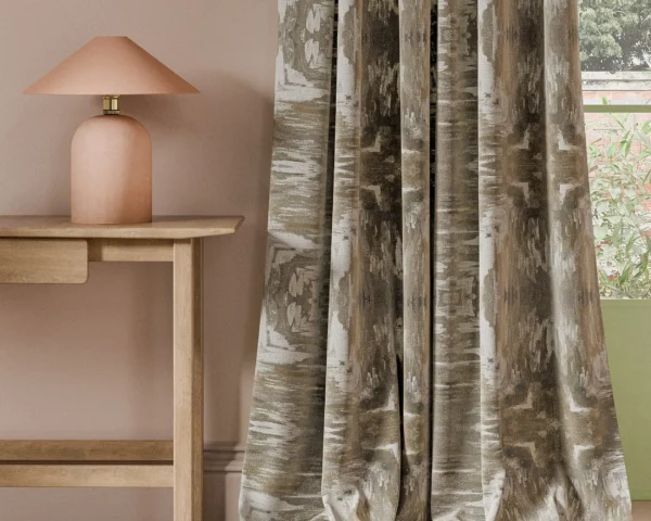 Kalia Print Fabric - Natural by neutral contemporary curtain with side table and lamps