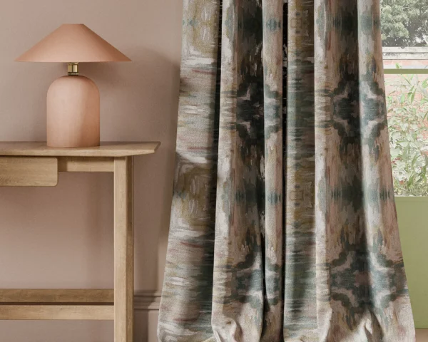 Kalia Print Fabric - Mineral / Blush by pink contemporary curtain with side table and lamps