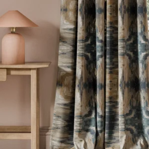 blue contemporary curtain with side table and lamps