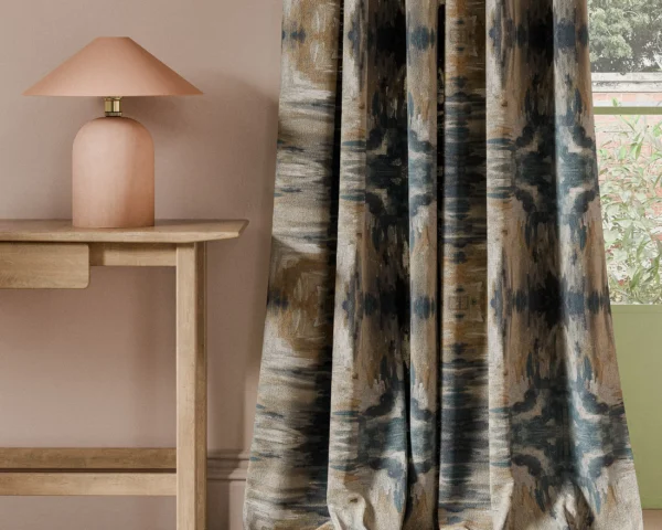 Kalia Print Fabric - Midnight by blue contemporary curtain with side table and lamps