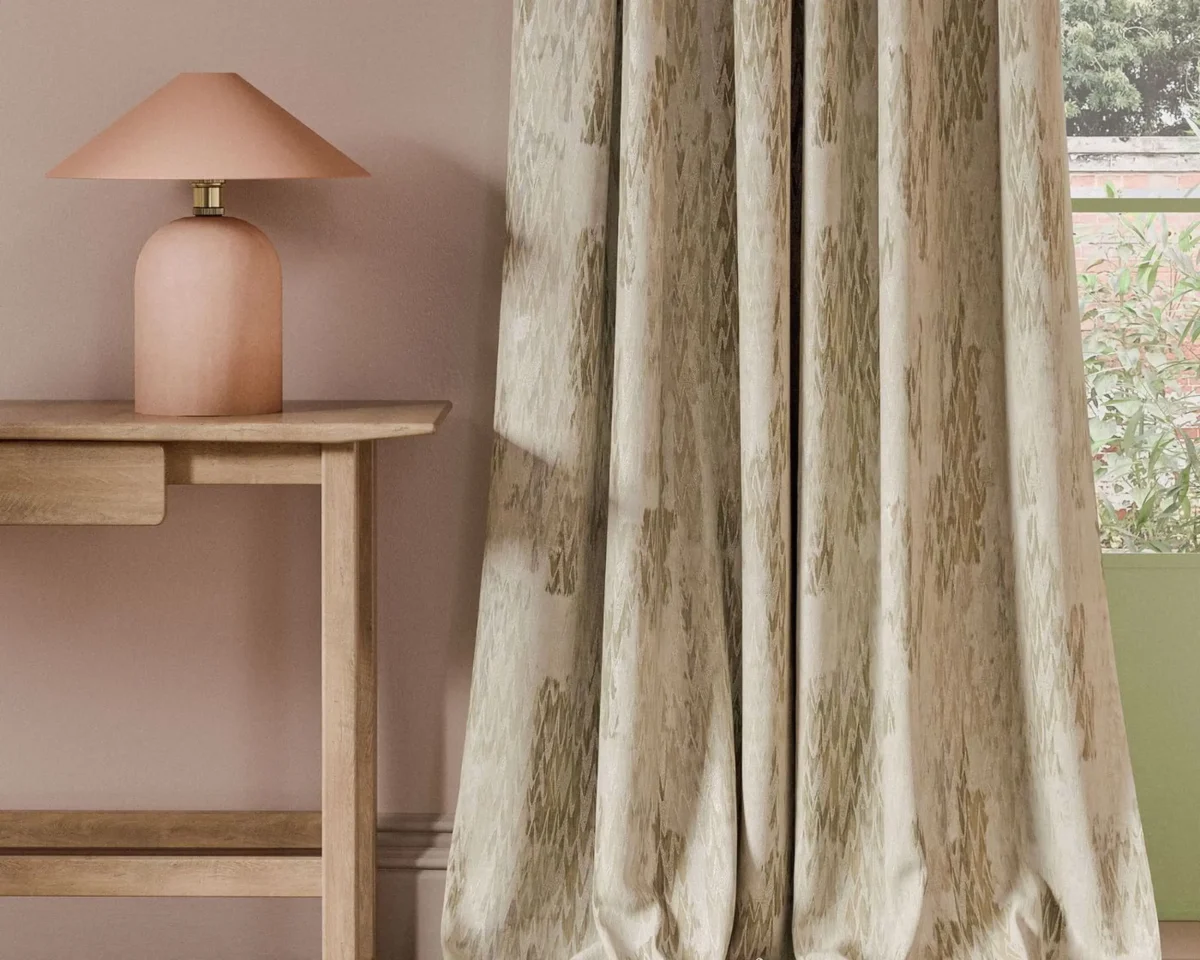 Ignis Weave Fabric - Ivory / Linen by neutral contemporary curtain with side table and lamps