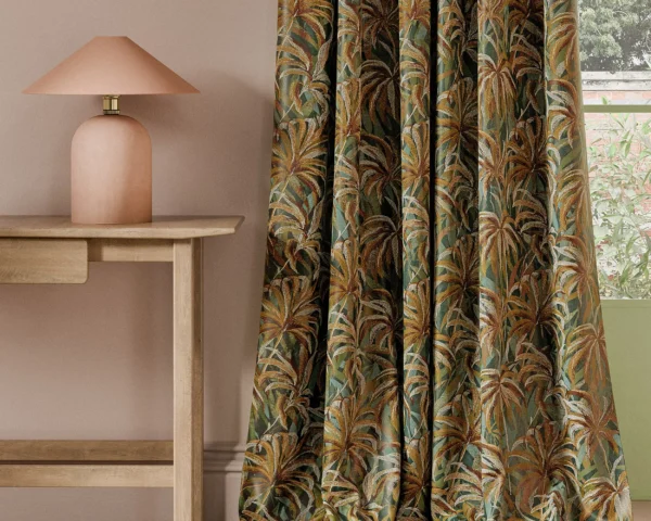 Floresta Embroidery Fabric - Mineral / Spice by green botanical curtain with side table and lamps