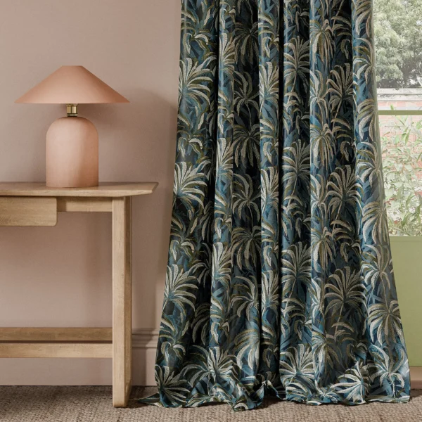 Floresta Embroidery Fabric - Midnight / Antique by blue botanical curtain with side table and lamps