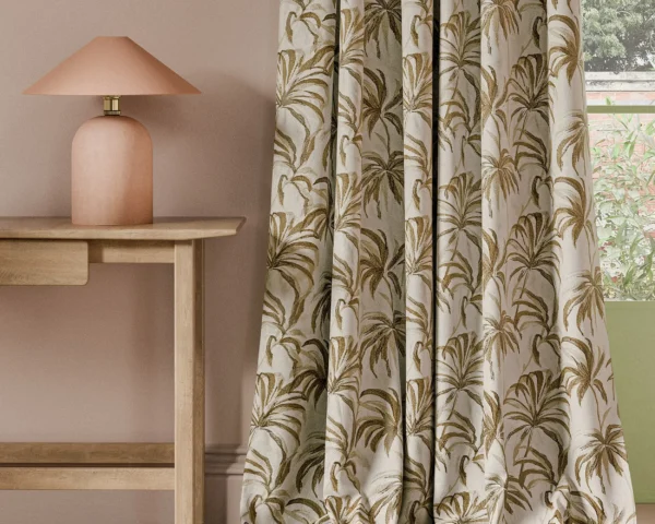Floresta Embroidery Fabric - Ivory / Linen by neutral botanical curtain with side table and lamps